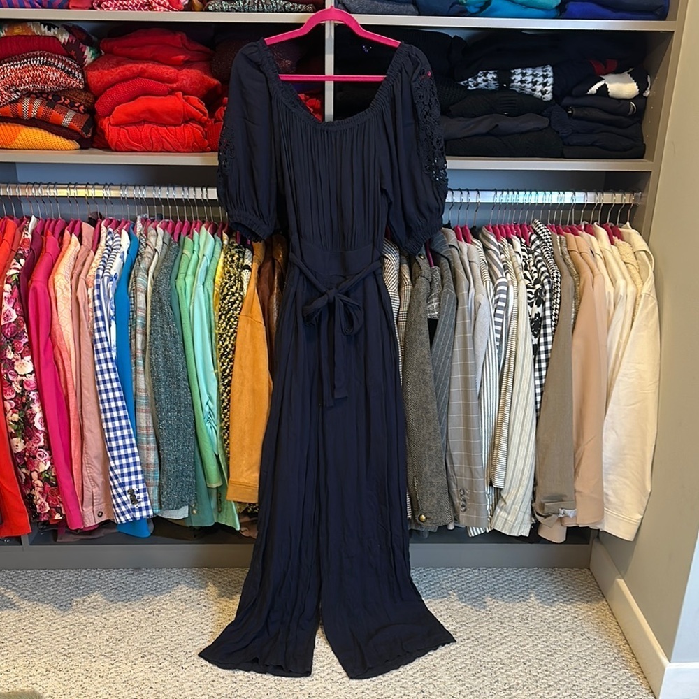 Jessica Simpson navy belted gauzy embroidered short sleeve jumpsuit size S NWT